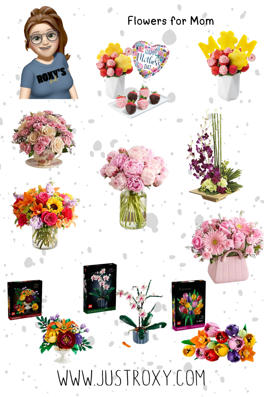 Flat lay of unique Mother's Day flower gifts including an Edible Arrangements fruit basket with strawberries, three completed LEGO Botanicals flower sets (orchid, tulip bouquet, and flower arrangement), a pink peony bouquet, a modern zen-inspired floral arrangement, a bouquet in a reusable decorative pot, a bright mixed floral bouquet, and a Victorian teacup filled with flowers.